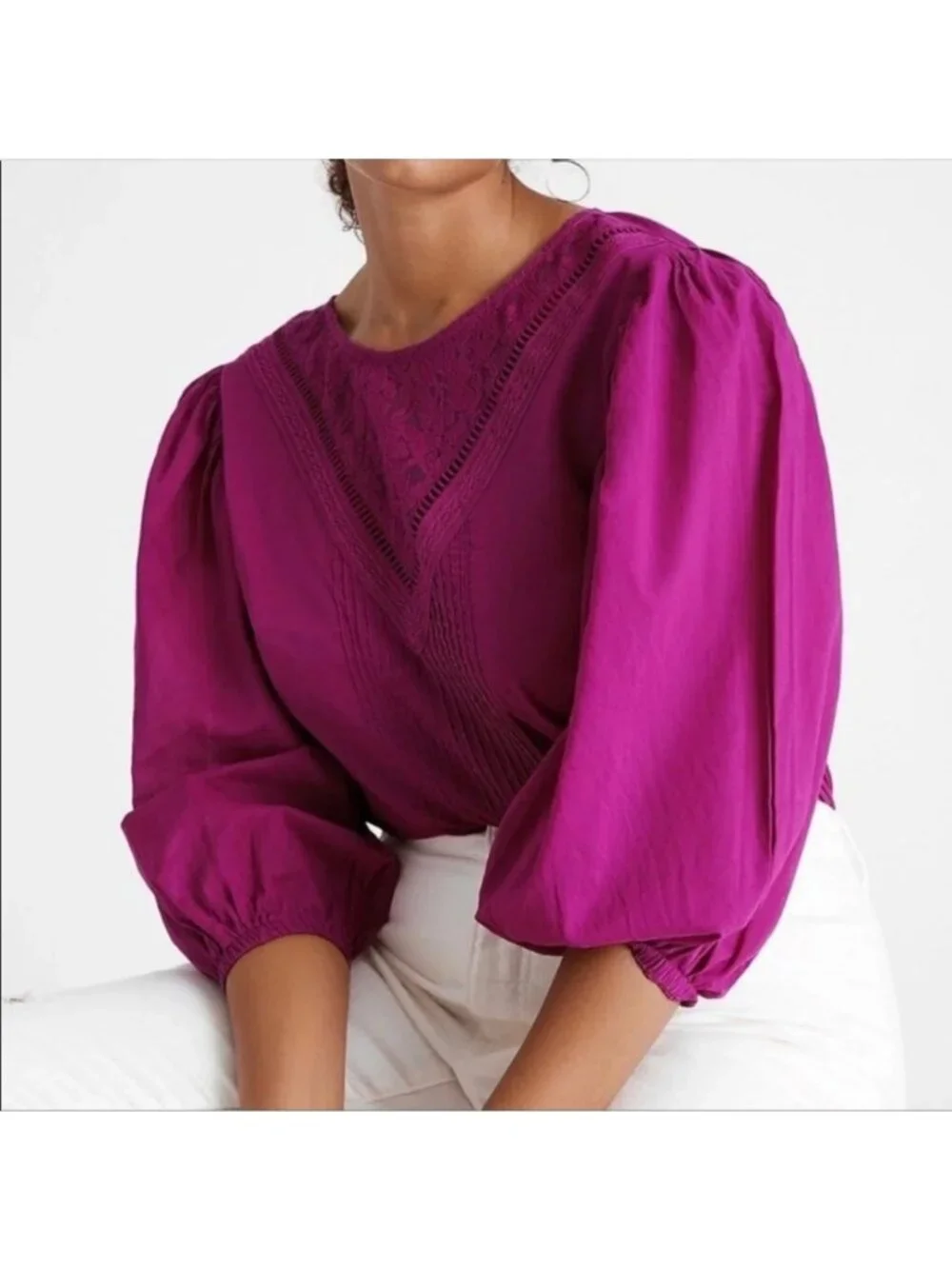 NEW Anthropologie Farm Rio Kelsie Peasant Blouse Puff Sleeve Lace Boho Plus 1X